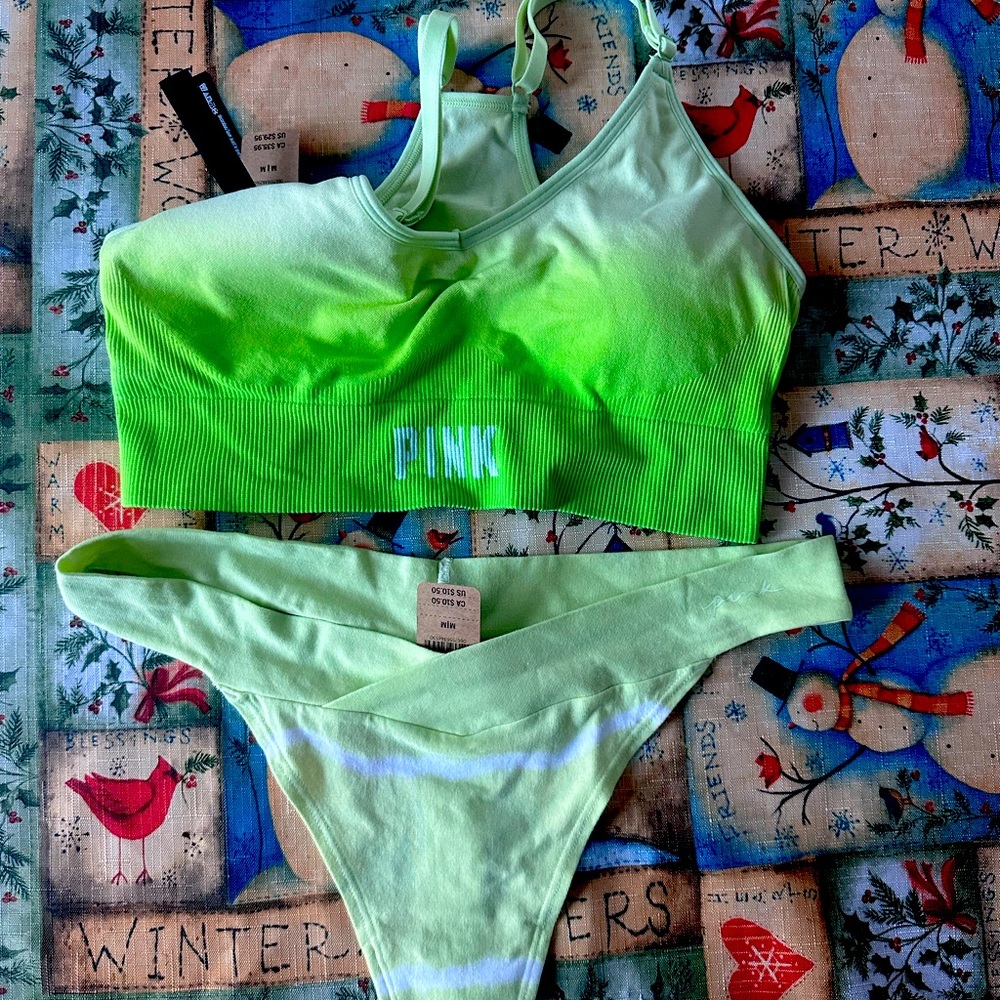 Victoria’s Secret PINK lime, green sports bra and thong. NWT